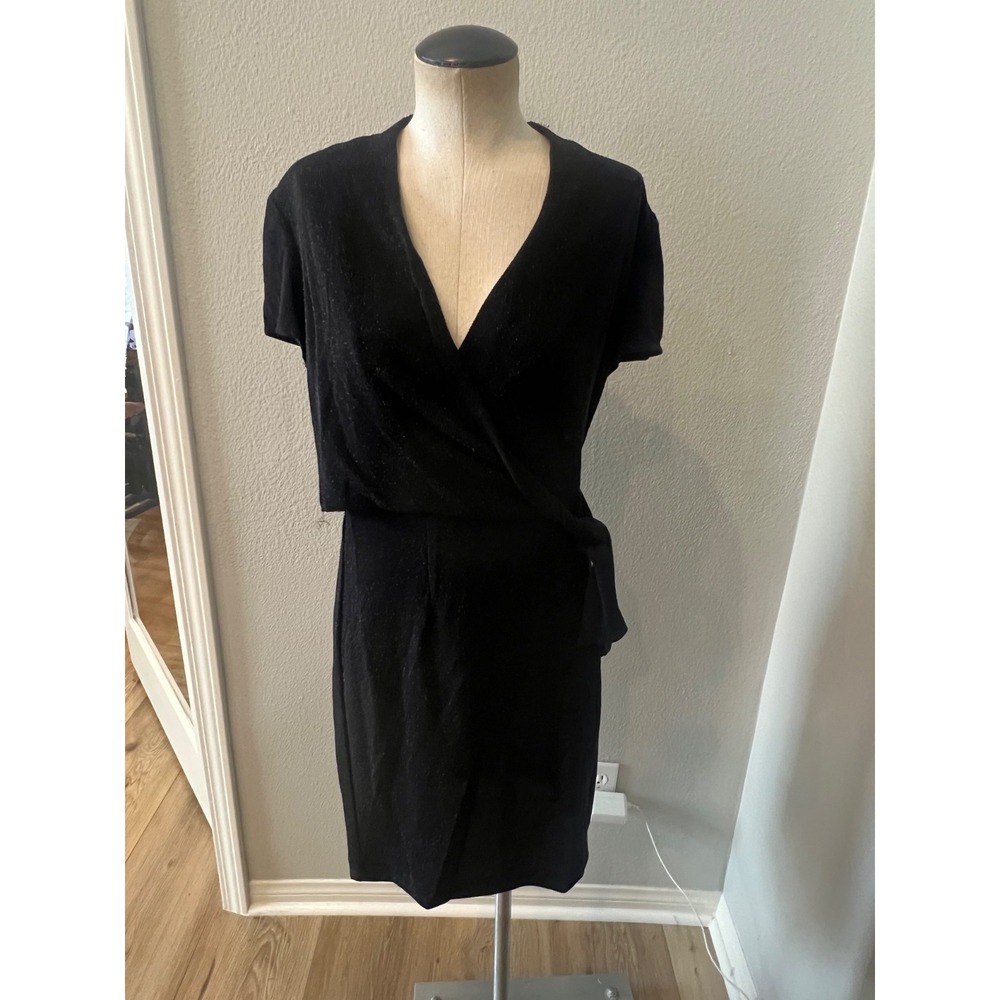 Virgo Petite Womens Size 10P Black Metallic Wrap Dress V Neck Tie Waist USA